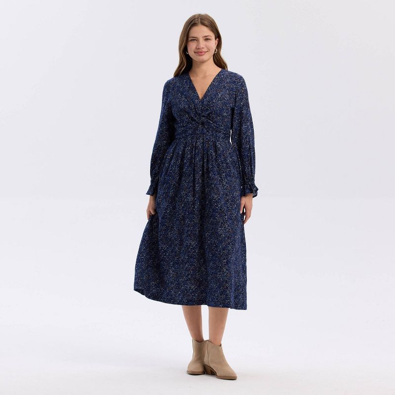 Women's Twist-Front Balloon Long Sleeve Midi A-Line Dress - Universal Thread™ Navy Blue Floral S