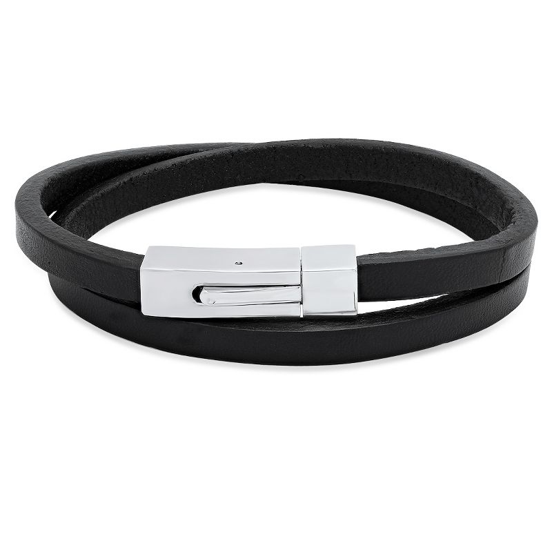 Steeltime Men's black leather wrap bracelet with stainless steel
