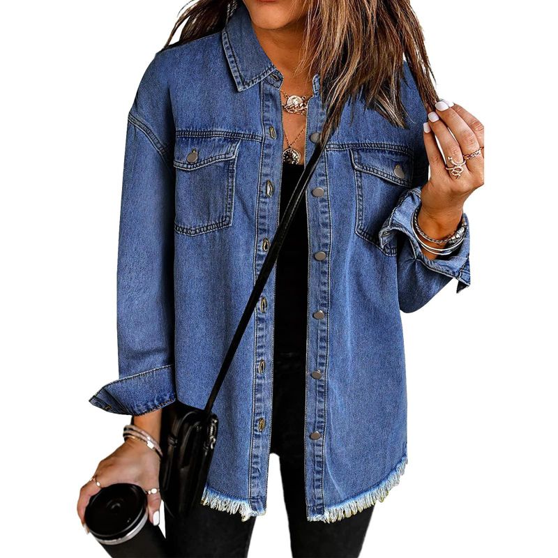 Zeagoo Jean Jackets for Women Ripped Fringe Denim Jean Jacket Casual Long Sleeve Pockets Jackets Coat Navy M