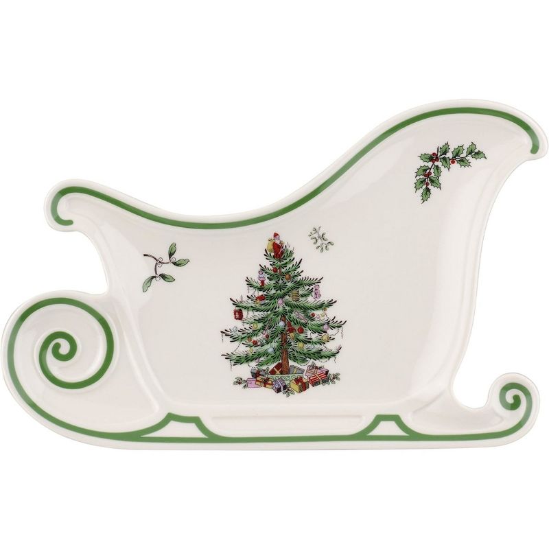 Spode Christmas Tree Embossed Sleigh Plate, 9" Serving Festive Serving Dish - Fine Porcelain Decorative Holiday Platter