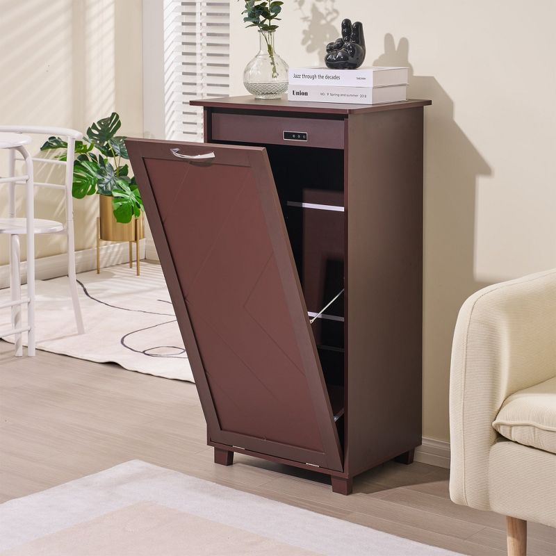 VECELO Kitchen Trash Bin Cabinet Tilt Out Storage Holder Wooden Garbage Recycling Cabinet Brown