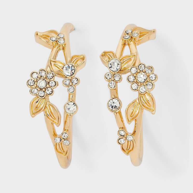 Floral Crystal Vine Hoop Earrings - A New Day™ Gold/Clear