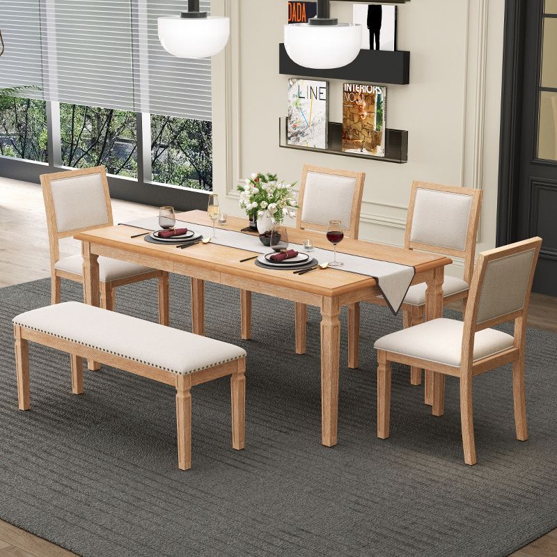 Farmhouse 6-Piece Extendable Dining Table Set for 6 with 4 Chairs & Bench, Natural 59-72" Vintage Distressed Table for Kitchen Dining Room-3irtyhousy