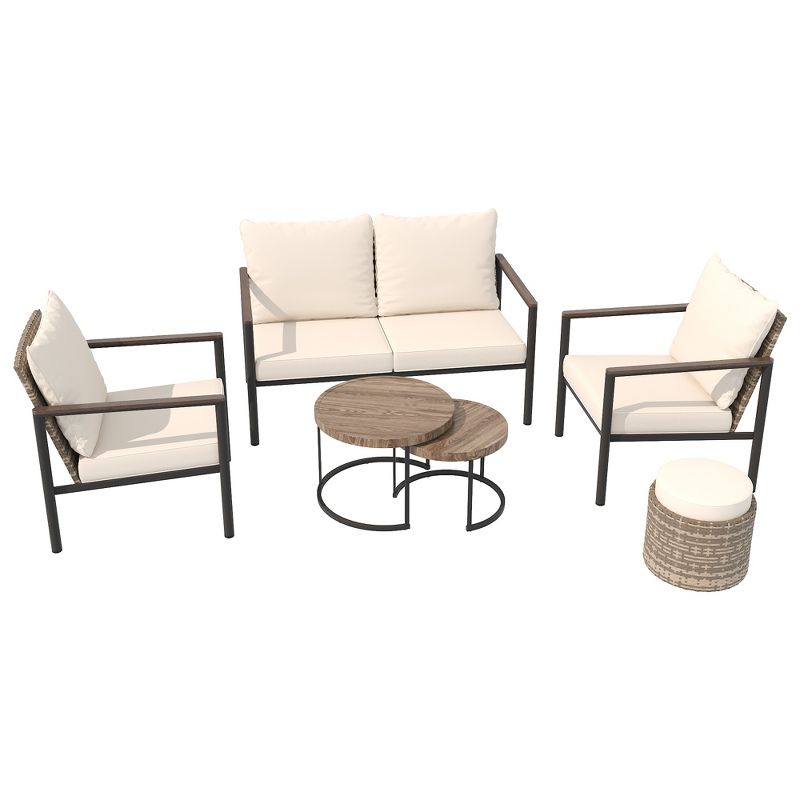 YARDSIGHT 5-Piece Patio Conversation Set with Loveseat, 2 Armchairs, Ottoman, and Nesting Coffee Tables ¨C Blue Cushions & Handwoven Rattan