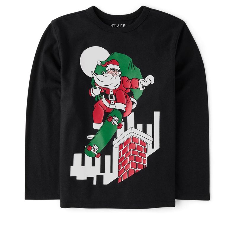 The Children's Place Boys Long Sleeve Christmas Skateboard Santa Graphic Tee Black S (5/6)