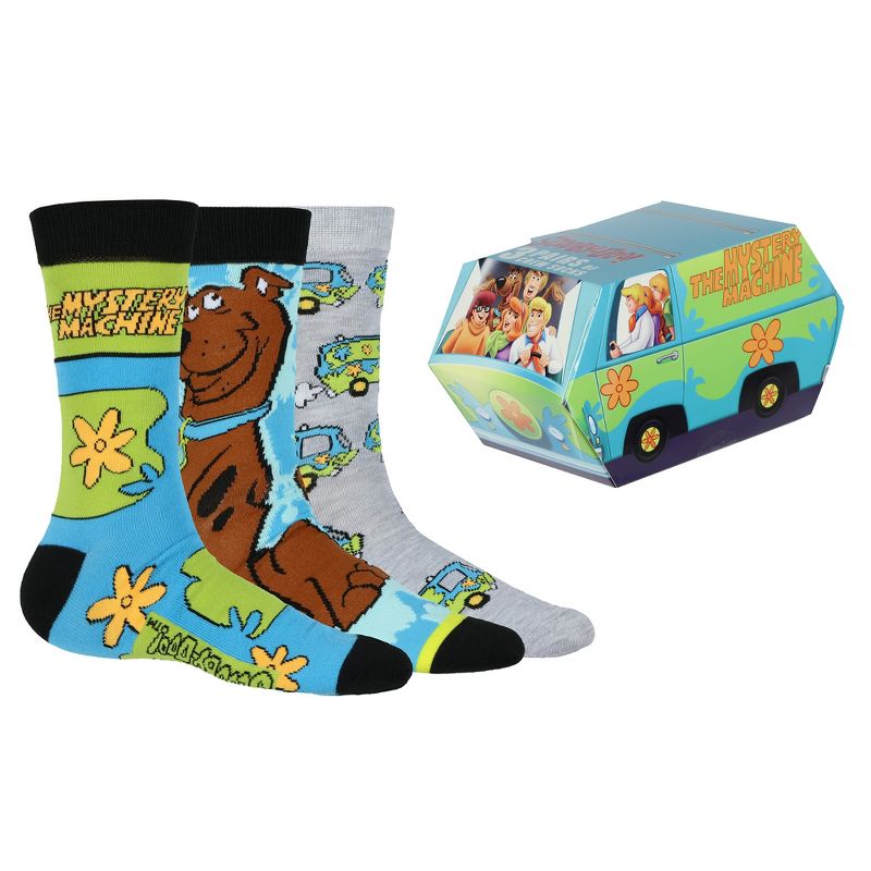 Scooby-Doo! Socks Men's 3 Pair Crew Socks with Mystery Machine Gift Box (Fits Shoe Size 6-12) Multicolored