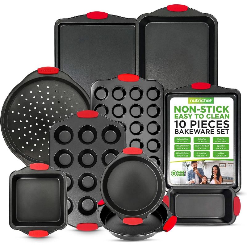 NutriChef NCSBS10S.5 Deluxe Nonstick Carbon Steel Bakeware Set with Red Silicone Handles – 10-Piece Kitchen Oven Pans