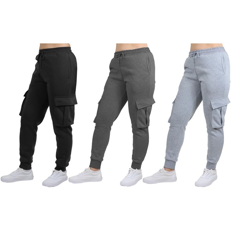 Blue Ice Women's Loose Fit Fleece Jogger Sweatpants with Velcro Cargo Pockets-3 Pack