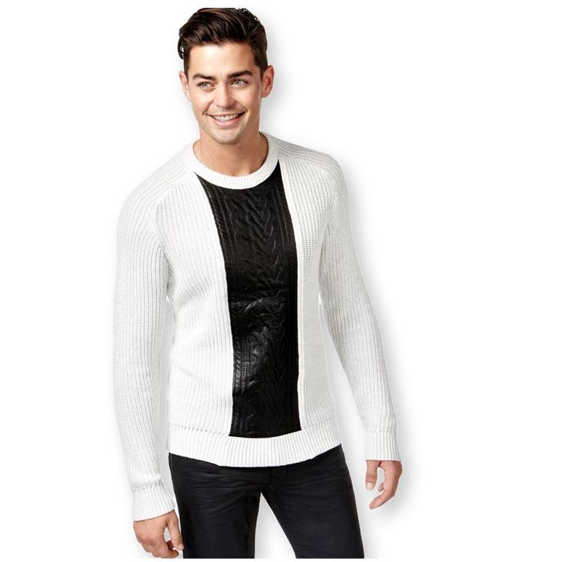 I.N.C International Concepts Mens Faux Leather Cable Knit Pullover Sweater, lightgreyhtr, Small