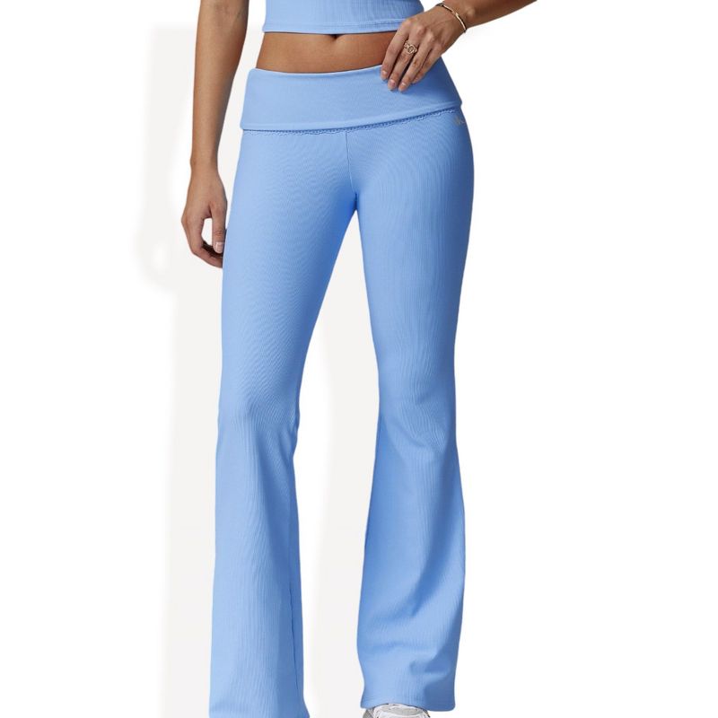 Anna-Kaci Active Women's Foldover Waist Flare Leg Yoga Pants in Ribbed Knit- X Large, Light Blue