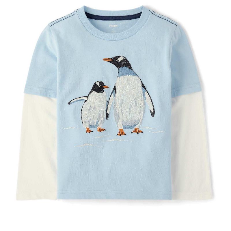 Gymboree Toddler Boys Long Sleeve Embroidered Penguin Layered Top - First Frost Blue 5T