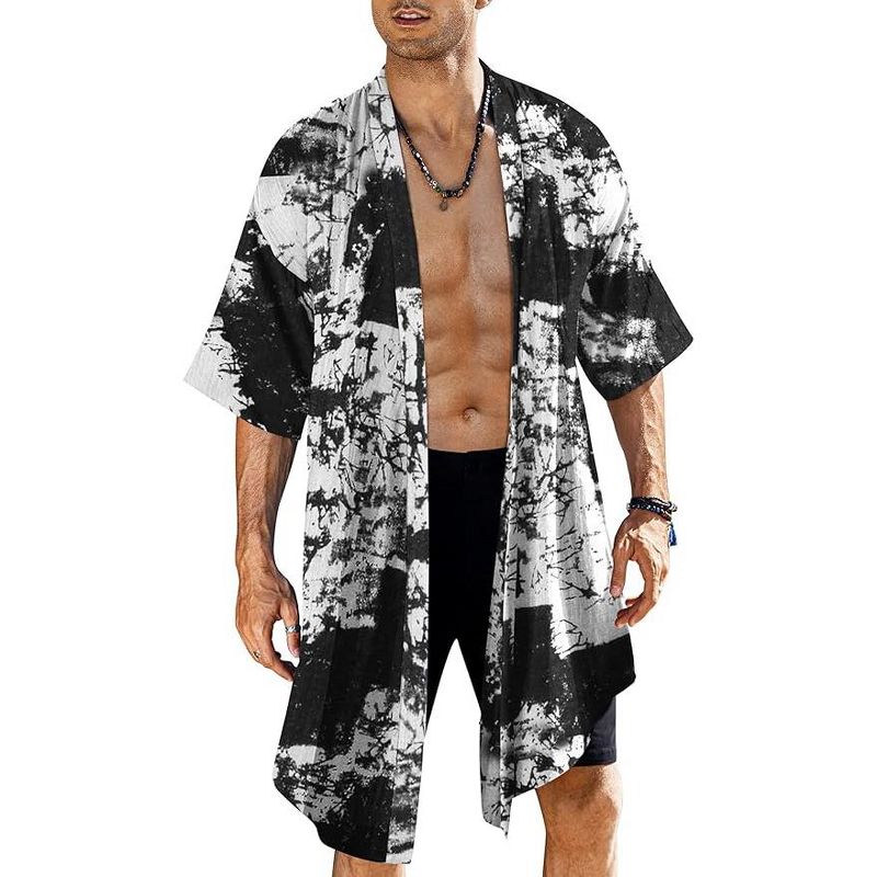 COOFANDY Men's Ruffle Shawl Collar Lightweight Cardigan Long Jackets Open Front Drape Cape Coat Black M