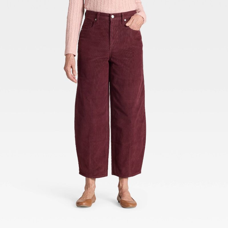 Women's High-Rise Corduroy Barrel Jeans - Universal Thread™ Burgundy 2 Short