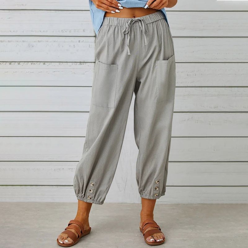 Womens Casual Loose Fit High Waist Button Linen Wide Leg Pants Light Gray S