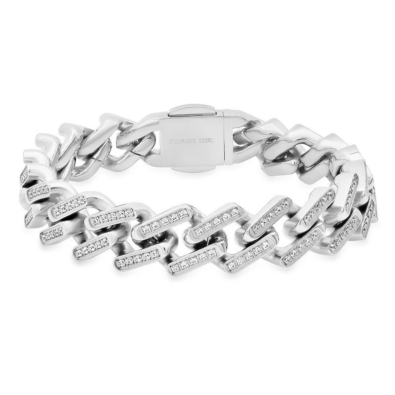 Steeltime Men's 18k gold plated stainless steel and simulated diamonds ice out miami cuban link bracelet. Color Options: Silver, Gold