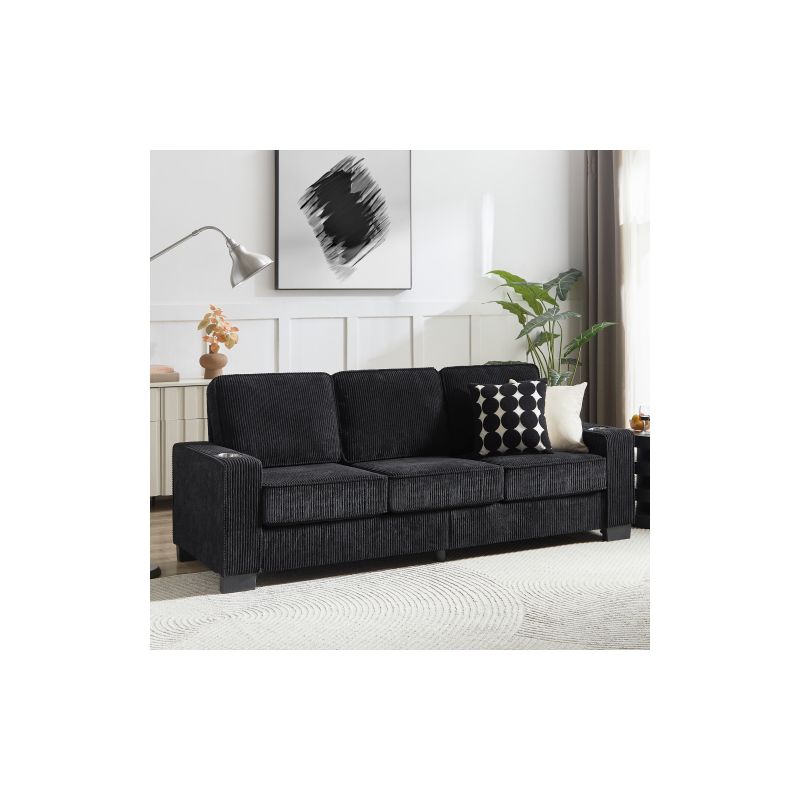 LIVAREEmlen 83.86"Corduroy Fabric sofa,Modern Compressed Couch,3-Seater Sofa, Furniture for Living Room,Bedroom,office ,Black