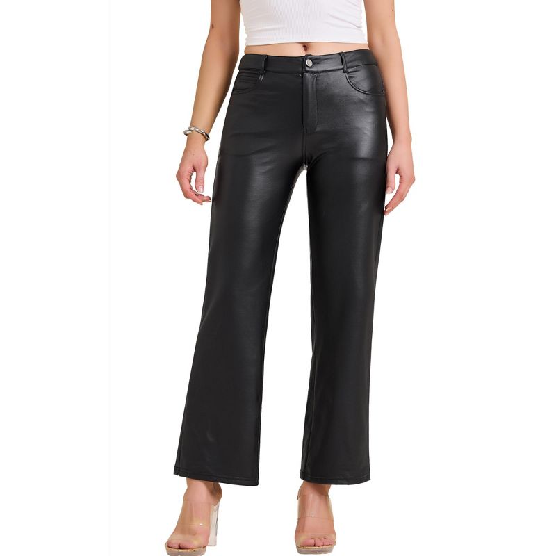 INSPIRE CHIC Women's Straight Leg High Waist with Pockets Leather Pants Medium Black
