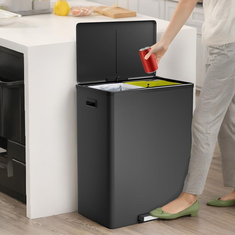 GustoWave 16 Gallon Kitchen Trash Can, 30L+30L Step Dual Recycling Bin with 2 Removable Barrel, Soft Close Lid, Stainless Steel Garbage Can, Black