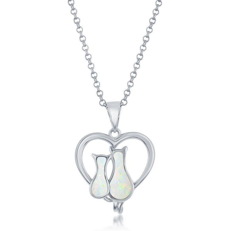 Opalata Sterling Silver White Opal Cats in a Heart 18" Pendant Necklace - White