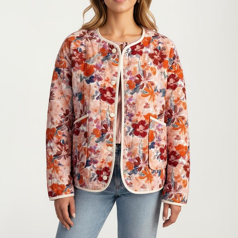 Anna-Kaci Women's Floral Print Button-Up Quilted Jacket with Front Pockets and Contrast Trim - X Large, Many Colors