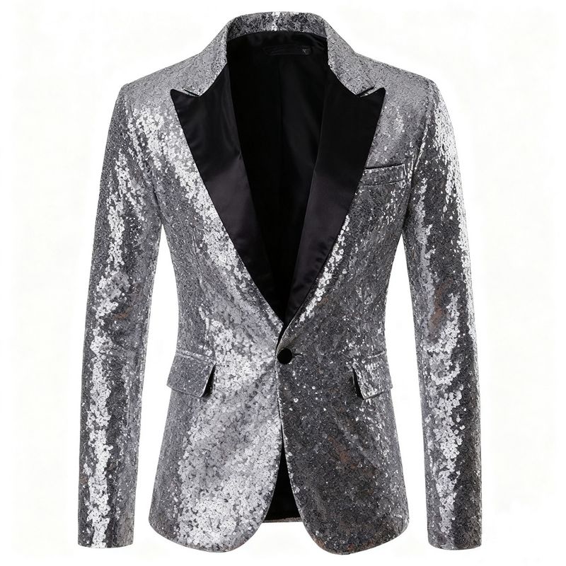 Men's Sequin Blazer Stage Suit Jacket, Retro Sparkling Emcee Tuxedo for Host Performance, Sizes S-2XL Silver S
