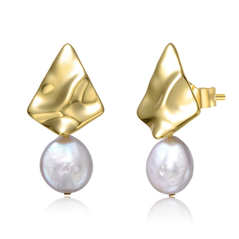 Guili Sterling Silver 14K Yellow Gold Plated Earrings with White Coin Freshwater Pearl, Featuring Geometric Rippled 3D Double Dangle Design
