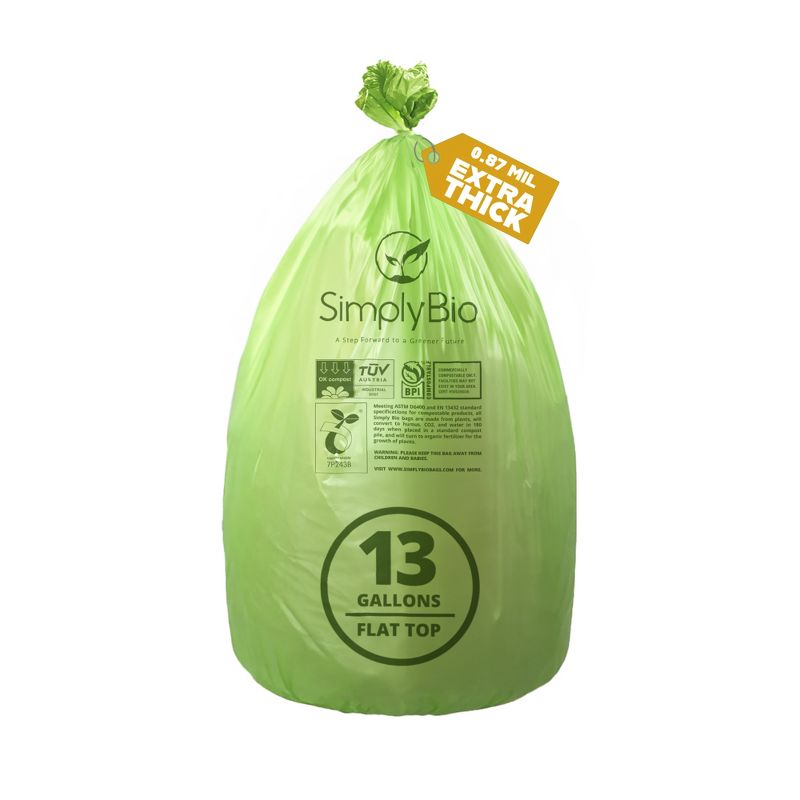 Simply Bio 13 Gallon Compostable Trash Bags Flat-Top, Thick 0.87 Mil, 49.21 Liter, 50 Bags, Tall Kitchen Food Scrap Waste Bag