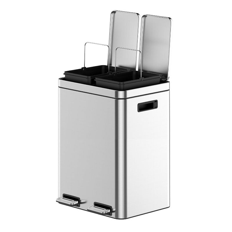 10.6 Gal (2 x 20 L) Stainless Steel Trash Can, Double Sorting Bin with Soft Close Lids, Removable Inner Bucket and Foot Pedal, for Kitchen, Office