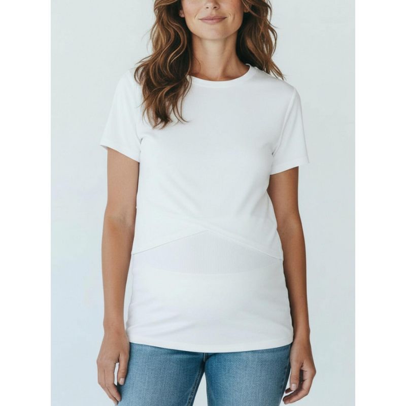 Women's Crew Neck Cross Over Nursing Maternity Short Sleeve Top - White - Size: Small - Motherhood Maternity