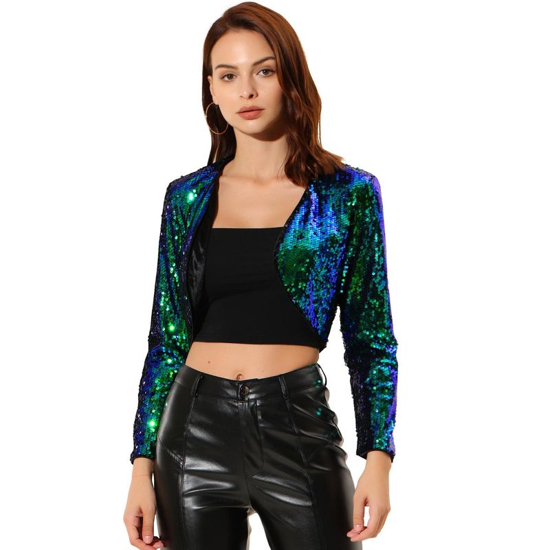INSPIRE CHIC Women's Sequin Long Sleeve Open Front Cropped Cardigan Shrug Jacket Green Large