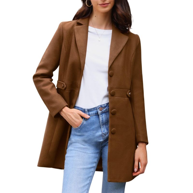 Allegra K Women's Notched Lapel Single Breasted Button Down Outerwear Winter Coats Brown Small