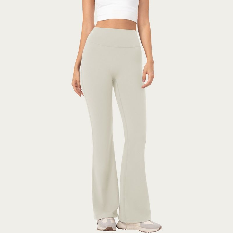 Anna-Kaci Active Women's High Waist Flare Leggings with Stretch Knit Fabric and Smooth Sculpting Fit - Large, Light Beige