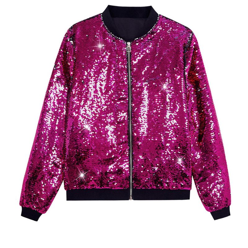 Lars Amadeus Men's Zip Up Party Disco Metallic Shiny Sequin Varsity Jackets Large Rose Red