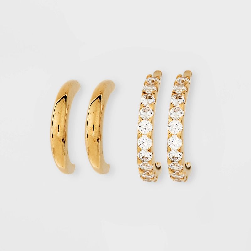 14K Gold Plated Polished Cubic Zirconia Hoop Duo Earring Set 2pc - A New Day™ Gold: Nickel-Free, Gift Box Included