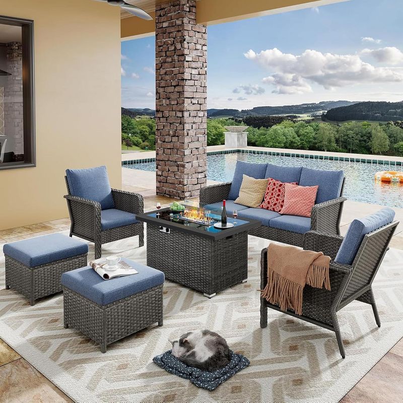 Patio Furniture Set 6 Peices with 44" Propane Gas Fire Pit Table, Outdoor Sectional Conversation Sofa Set with 4.3" Cushion for Porch Backyard, Blue
