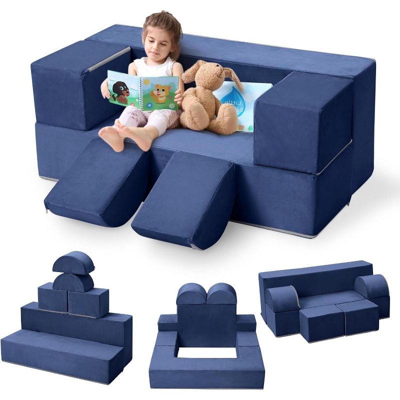 Acekool Kids Modular Play Couch, 6-Piece Foam Toddler Sofa with Removable Microvelvet Cover, Reading Pockets, Blue