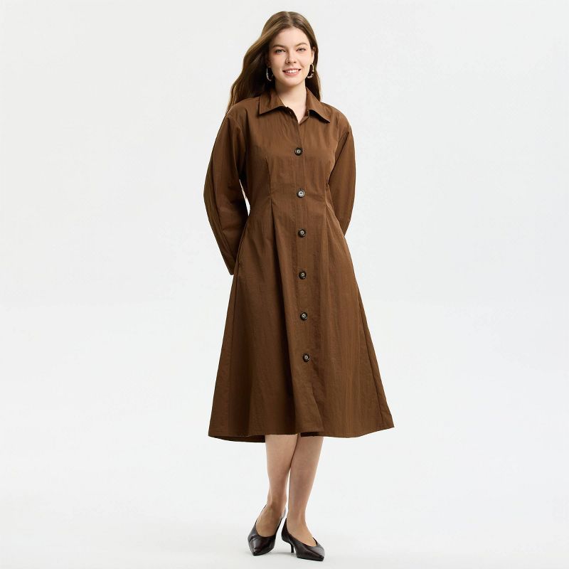 Women's Long Sleeve Button-Front Pleated Midi Dress - A New Day™ Brown L