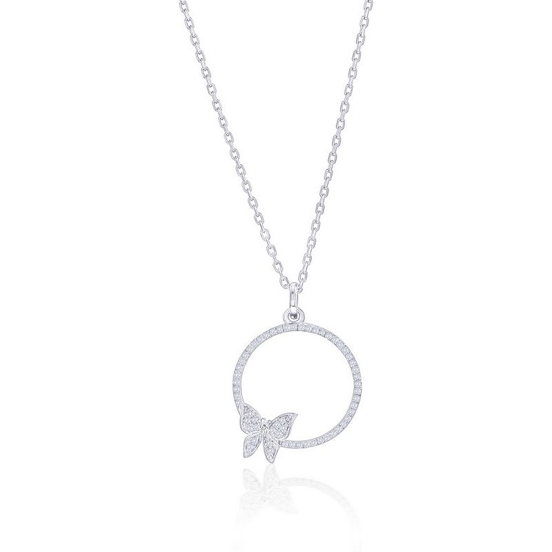 Diamonds D'Argento Sterling Silver, Circle w/ Butterfly Diamond 18" Pendant Necklace - (64 Stones) - Silver