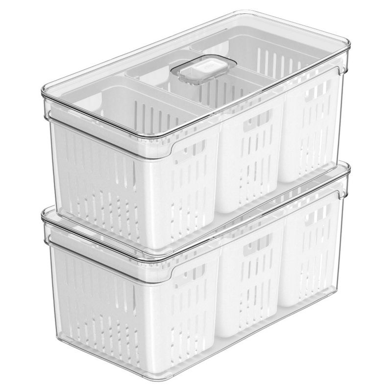 OU Fridge Organizer Bins with Triple Drain Baskets & Vented Lids, Clear Stackable Refrigerator Storage Container, Produce Kitchen Storage Bin