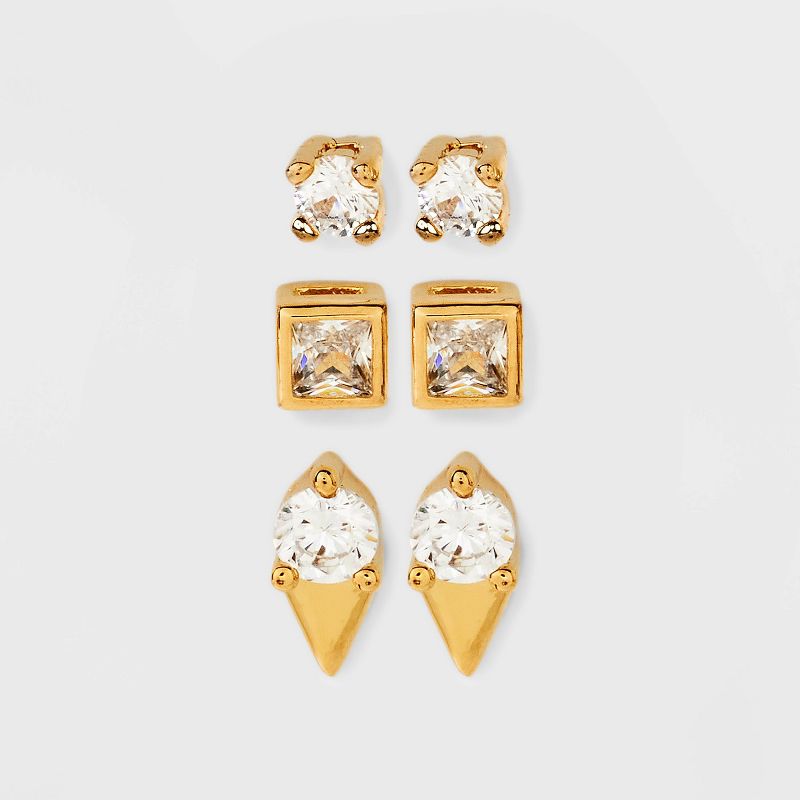 14K Gold Plated Cubic Zirconia Trio Stud Earring Set 3pc - A New Day™ Gold: Nickel-Free, Polished Finish, Gift Box Included