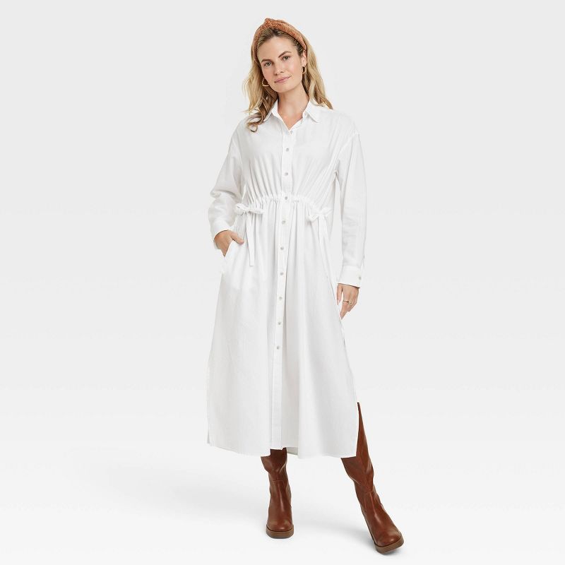 Women's Long Sleeve Cinch Waist Maxi Shirtdress - Universal Thread™ White L: Twill, Front Button Down