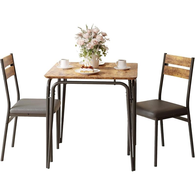 Jojoka Space-Saving 3-Piece Rectangular Dining Table Set for 2 with Upholstered Cushioned Chairs, Compact Kitchen and Dining Room Furniture, Brown