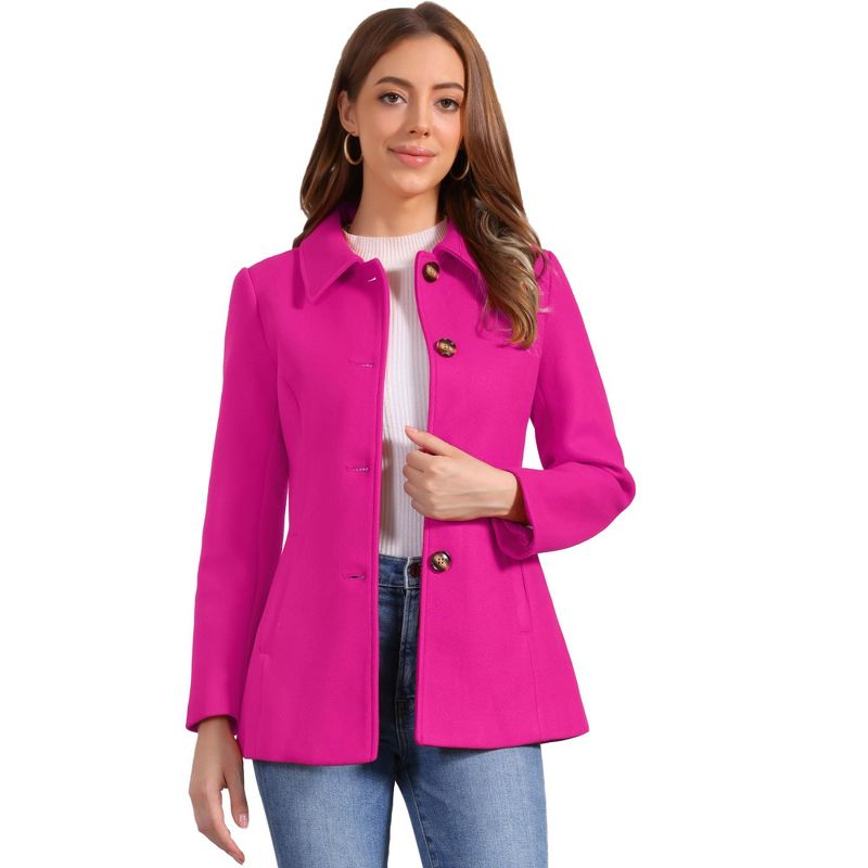 INSPIRE CHIC Women's Work Office Winter Overcoat Single Breasted Point Collar Pea Coat Medium Hot Pink