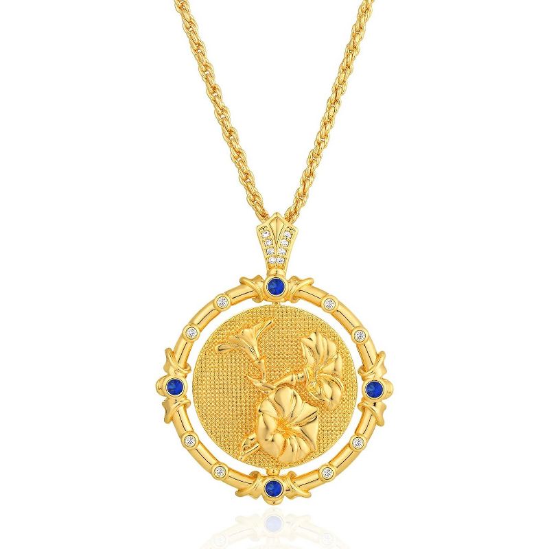 Birth Flower Necklaces for Women 14K Gold Plated Birth Flower with Birthstone Chunky Reversible Rotatable Disc Pendant Necklaces Jewelry