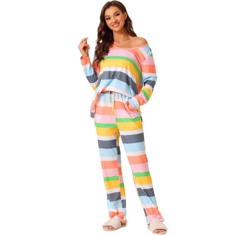 cheibear Women's Cotton Rainbow-Stripe Long Sleeves Lounge with Pants Pajama Set Yellow X-Large