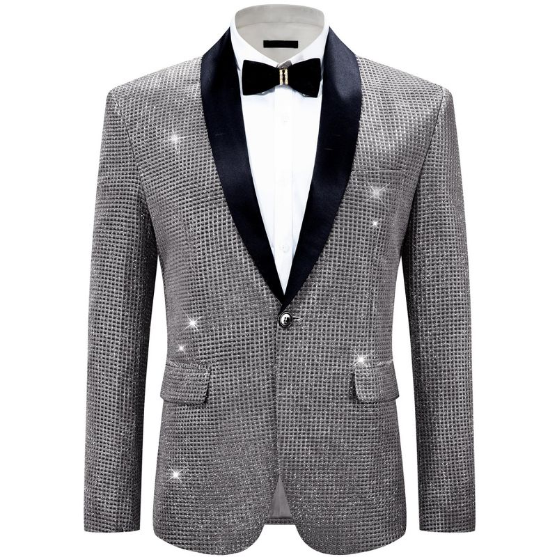 Lars Amadeus Men's Shawl Lapel Wedding Prom Shiny Metallic Sport Coats Silver Small