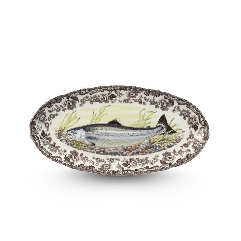 Spode Woodland Fish Dish - Traditional British Country Serveware, Wildlife Scene with Floral Border, 18.5 In Fine Porcelain Platter - Dishwasher Safe