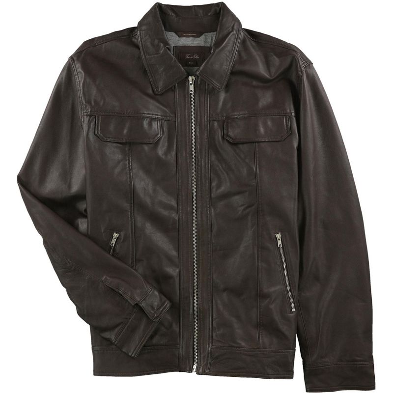 Tasso Elba Mens Leather Motorcycle Jacket, darkbrown, XX-Large