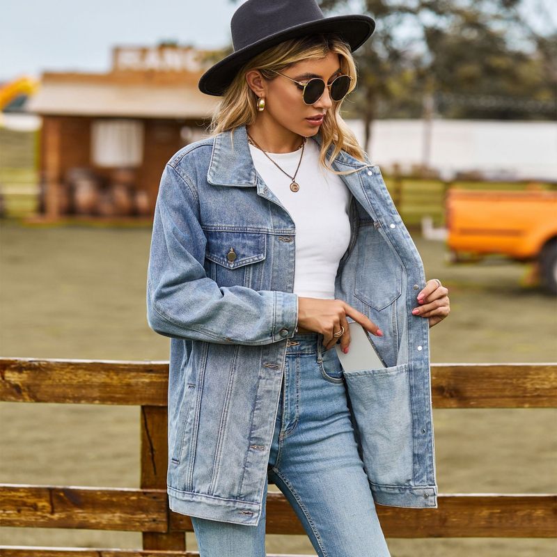 Women Denim Jackets Vintage Notch Collar Long Sleeve Relaxed Fit Button Front Coat with Pockets Light Blue XL