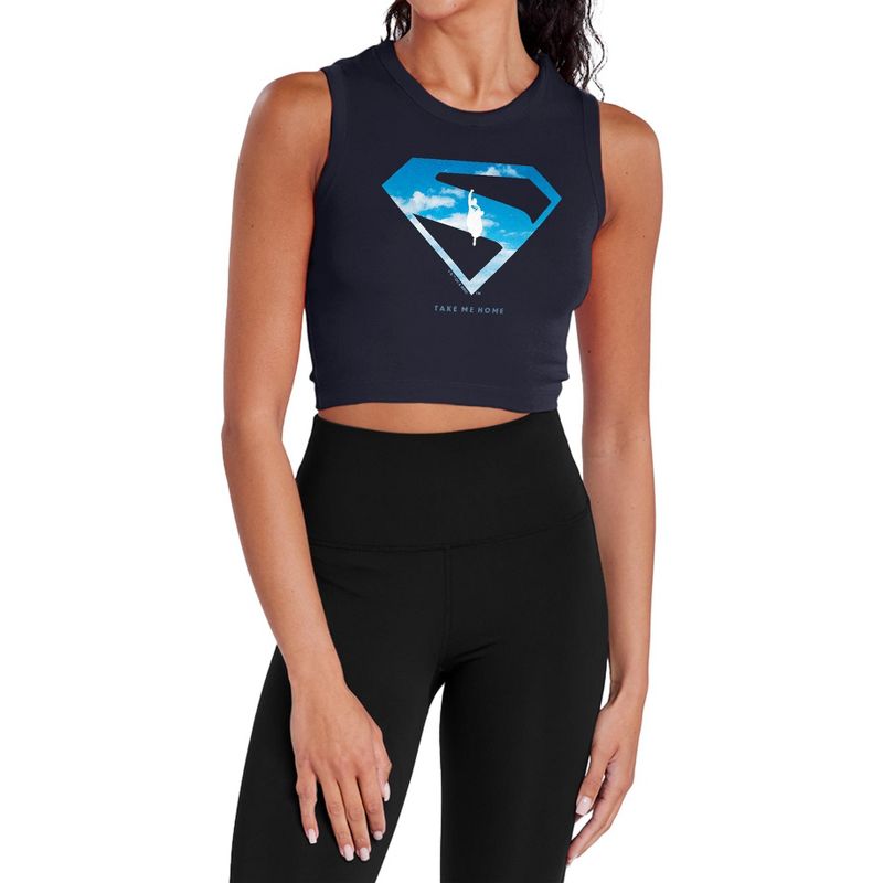 Women's Superman Cloud Shield Sleeveless Crop Top Tank, Navy, Medium